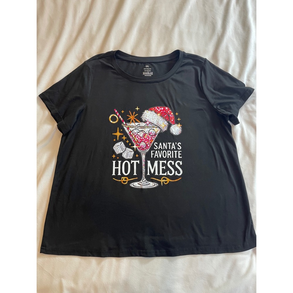 Santas Favorite Hot Mess Christmas Graphic T-Shirt Black Plus Size 0XL Holiday